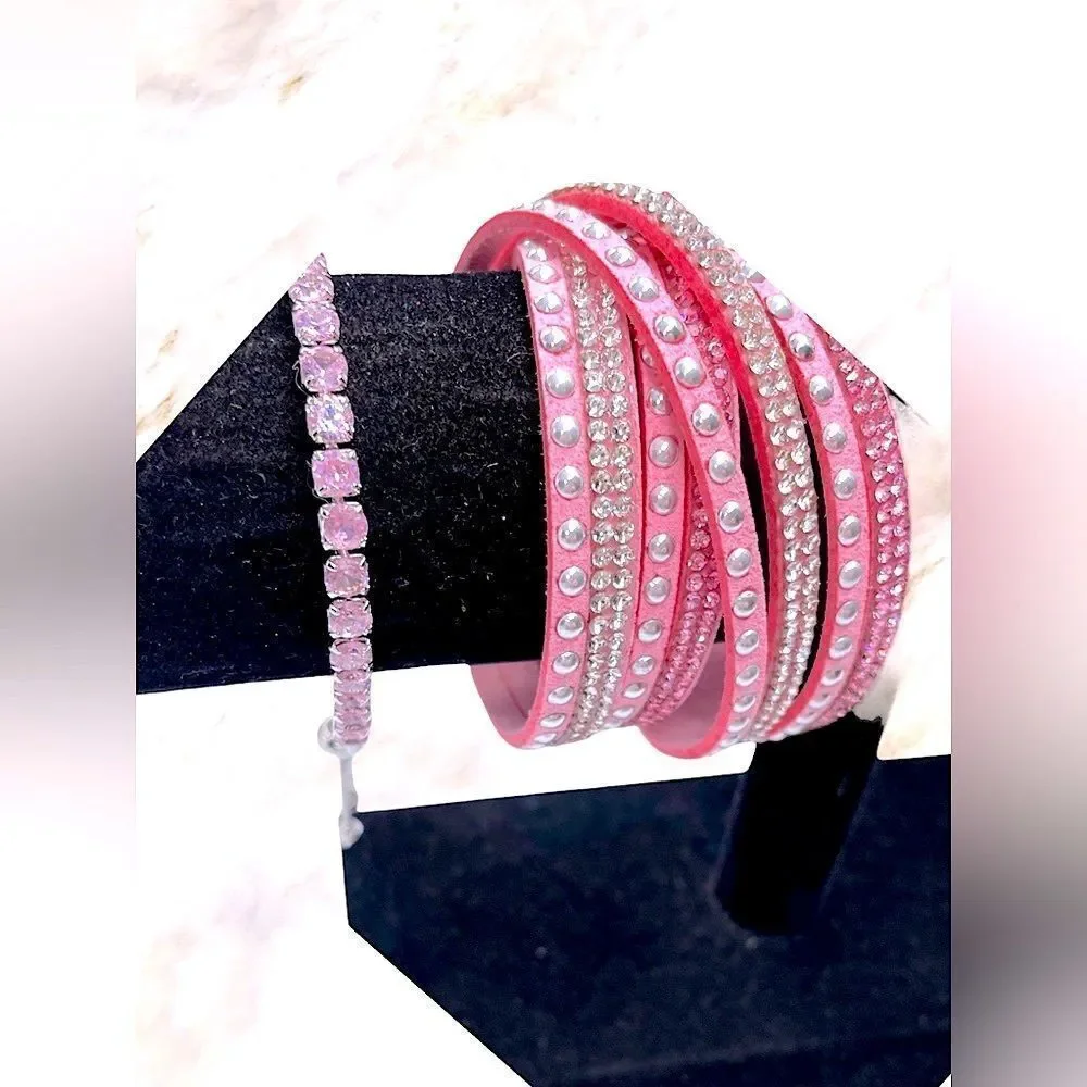 LOT of Pink l Rhinestone Adorned Bracelet l Double-leather pink wrap/wristband..